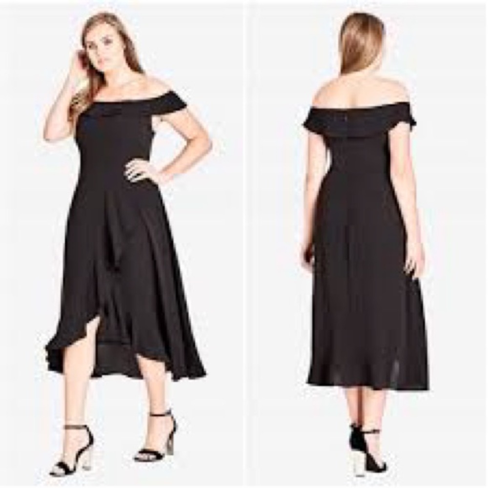 City Chic Dress Wrap Ruffle Black Sz‎ 16 Midi Feminine Wedding Formal Coquette